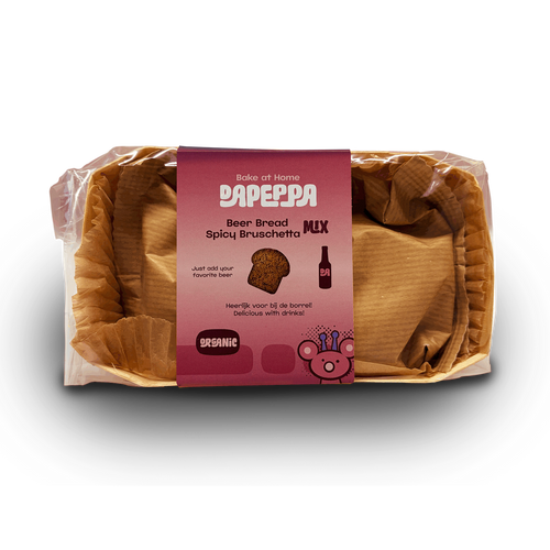 Verpakking van de DaPeppa Bierbrood Spicy Bruschetta bakmix in een houten bakvorm